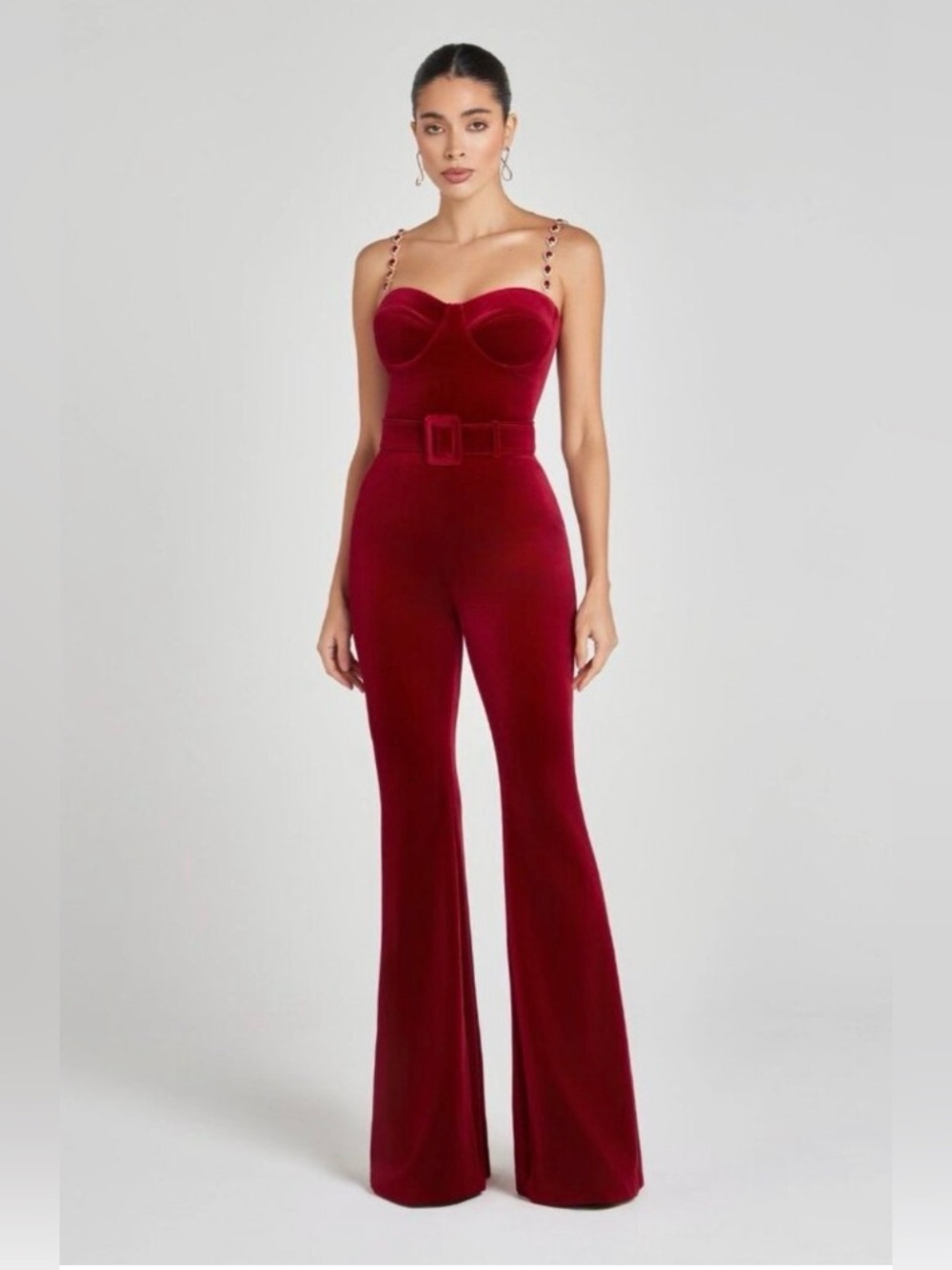 NWT Nadine Merabi Harley Red Velvet Jumpsuit Size 8/M NWT $575